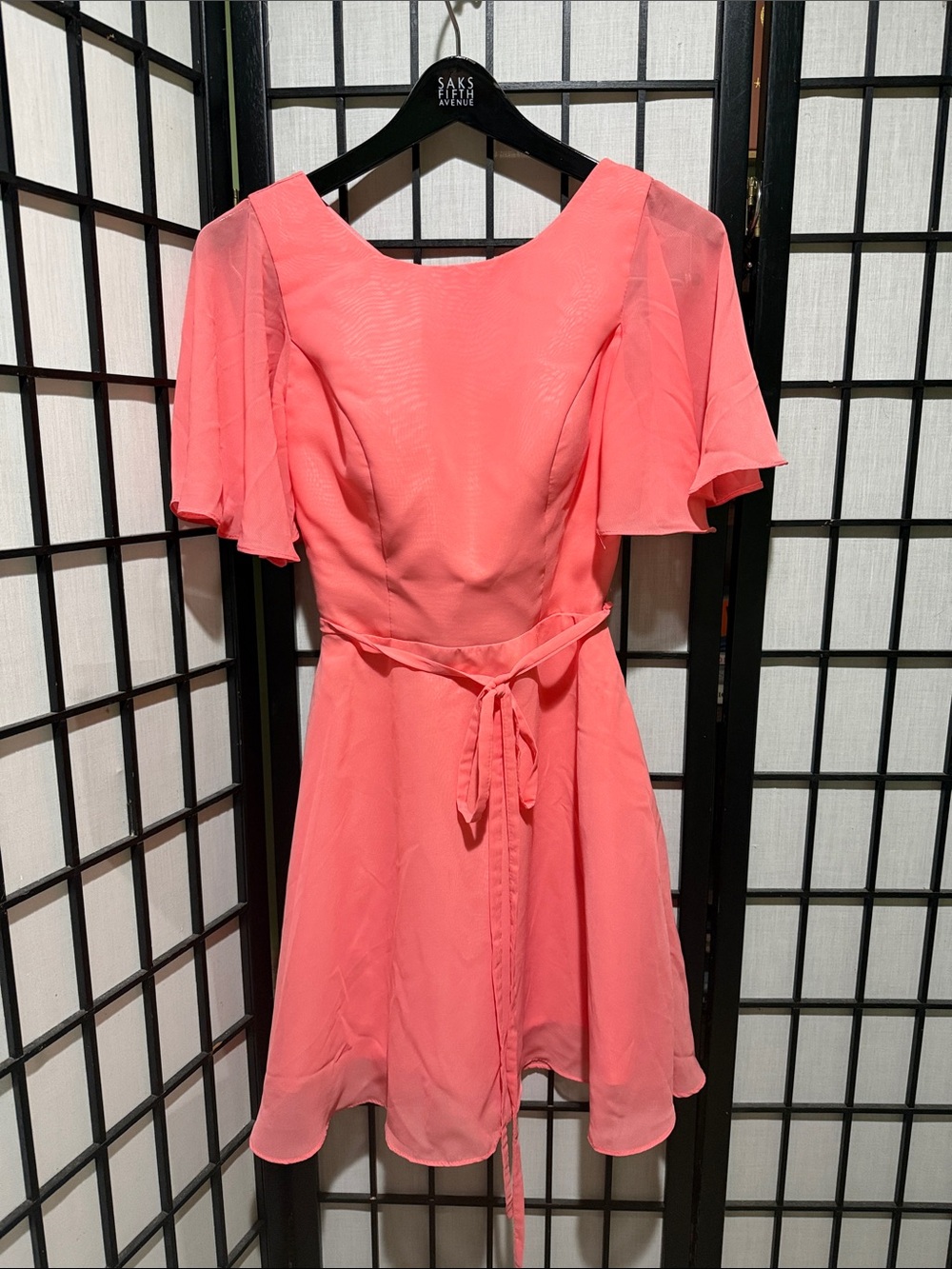 Salmon Pink A-Line Tie-Waist Prom Homecoming  Dress Flutter Sleeves EUC Zipper